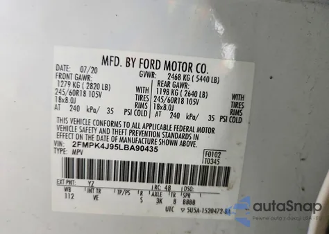 2020 Ford Edge Sel из США, поврежденный, VIN 2FMPK4J95LBA90435